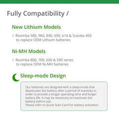 Lithium Roomba Replacement Battery For iRobot Roomba 980, 960, 890, 690, 614, 900, 800, 700, 600, 500 Series and Scooba 450, 4400mAh - UL&CE Certified Battery Pack